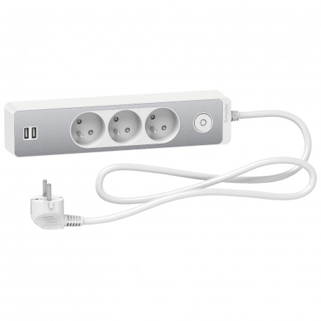 Rallonge multiprise LeGrand 3 x 2P+T 16A 230V + 2 chargeurs USB Type-A 2,4A  et support tablette intégré / Blanc & Gris