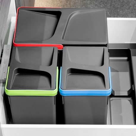 Kit 3 poubelles plastiques Recycle Emuca - Pour tiroir de cuisine - 15L + 2x7L - Anthracite
