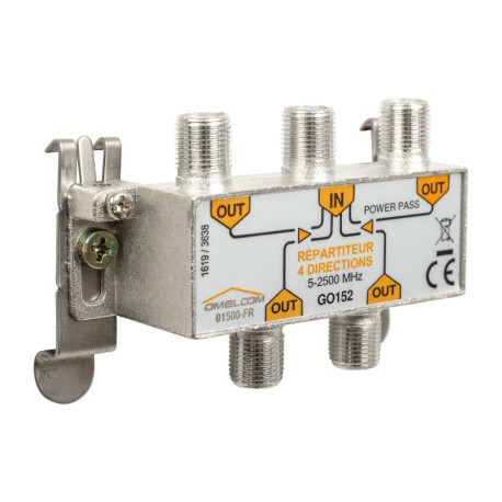 Répartiteur TV coaxial Omelcom - 4 sorties + Fixation Rail DIN