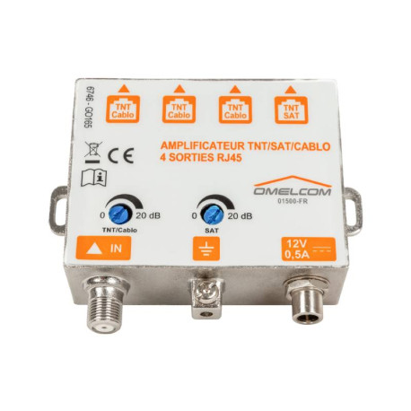 Amplificateur TNT + SAT Omelcom - 4 sorties RJ45 + Fixation Rail DIN